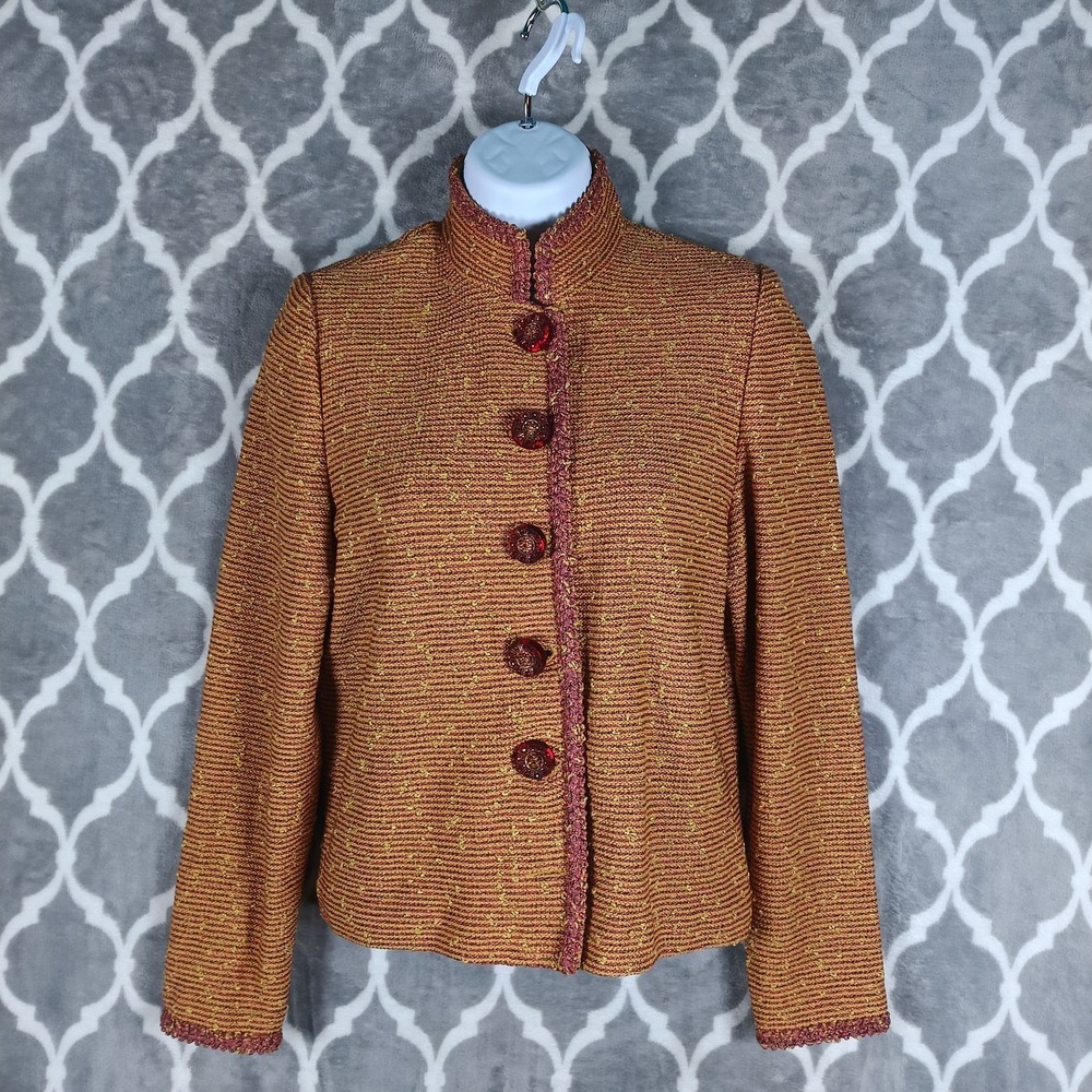 St John Collection Knit Blazer Women 4 Brown Tan Textured USA Button Front VTG
